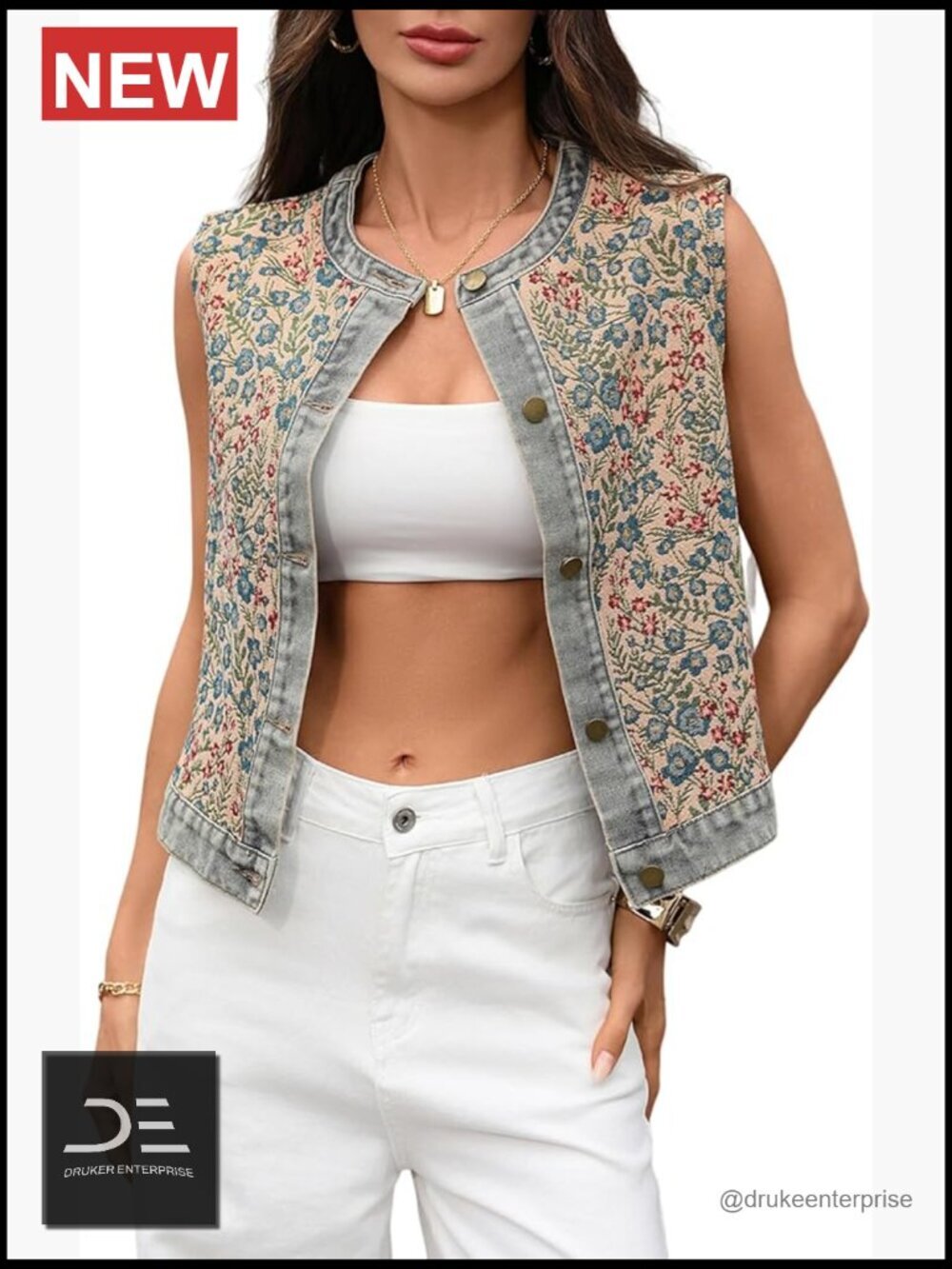 Floral Denim Vest Sleeveless Jean Jacket Button Down Embroidered Waistcoat